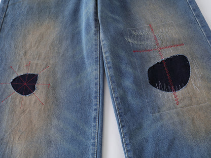 Distressed Patch Embroidered Wide Leg Jeans High Waist Light Wash Mud Dye Cross Stitch Streetwear Denim Trousers | Patch Cross