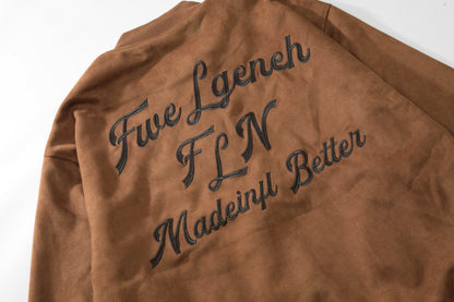 Oversized FLN Letter Embroidery Bomber Jacket Zip Up Suede Texture Streetwear Casual Fall Outerwear