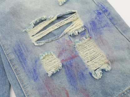 Paint Splash Distressed Ripped Denim Shorts Wide Leg High Waist Washed Streetwear Summer Casual Jean Shorts | Violet Wreck