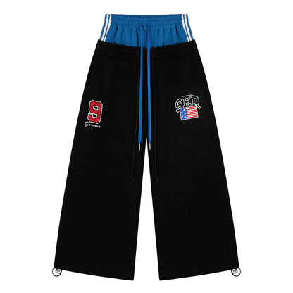 SER Number 9 Flag Embroidery Contrast Waistband Wide Leg Sweatpants Drawstring Metal Ring Hem Y2K