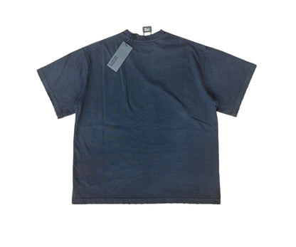 Satoshi Nakamoto NYC Skyline Moonrise Short Sleeve Tee Washed Navy 300g Heavy Stone Wash Cracked Print Streetwear | NYC Moonrise Tee