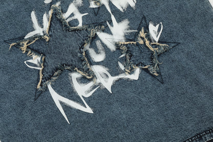 Distressed Star Patch Graffiti Washed Denim Tee Oversized Short Sleeve Hip Hop Streetwear Y2K Vintage Graphic T-Shirt | Star Grunge