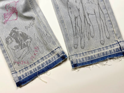 Represent Sketch Allover Print Wide Leg Jeans Heavy Washed Distressed Ripped Raw Hem Straight Denim | Rept Wide