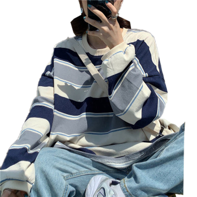 Kvinnor Harajuku Oversized Stripe Casual Långärmad T-shirt T-shirt med rund hals