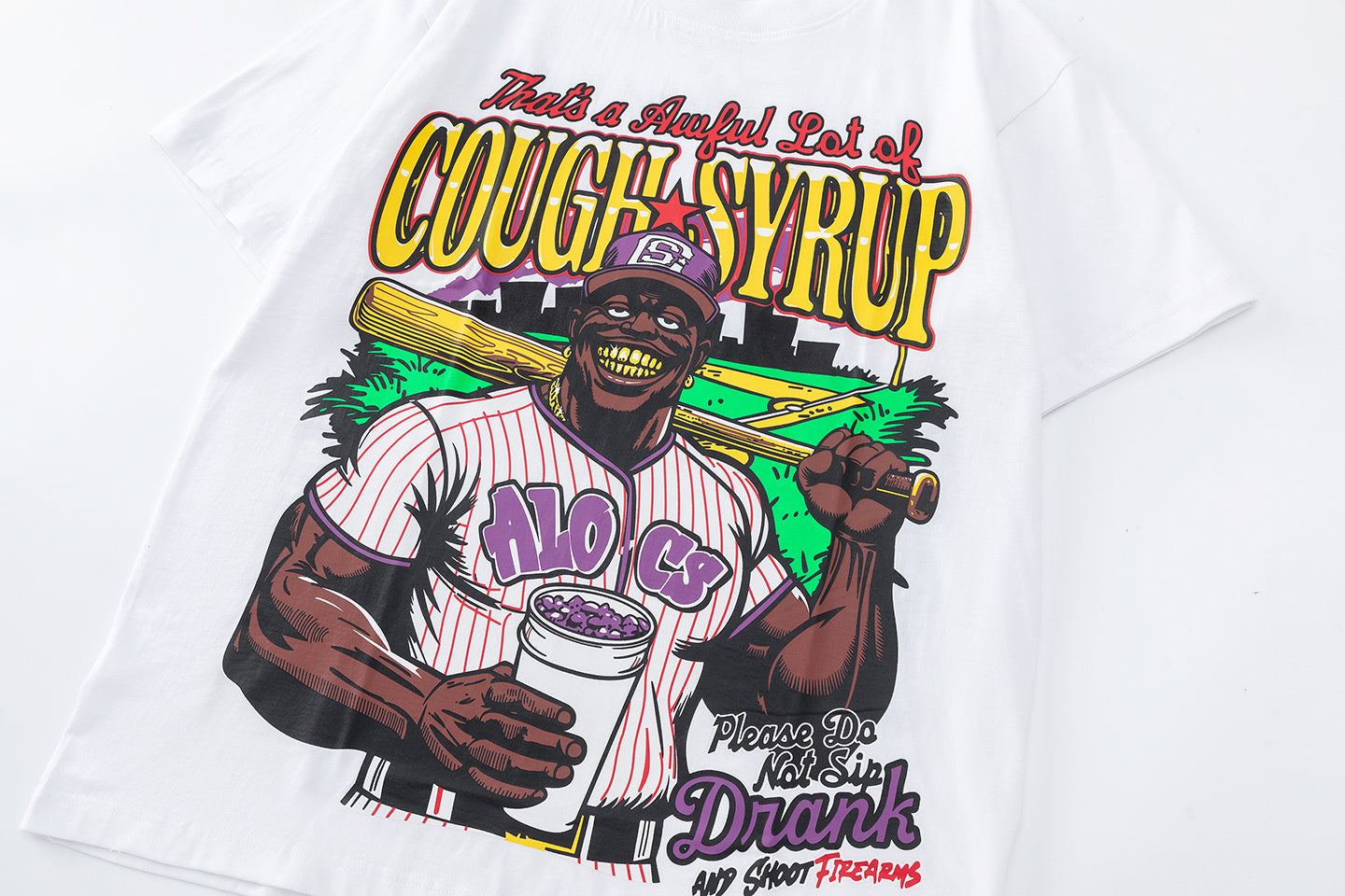 White oversized graphic T-shirt with colorful cough syrup and baseball player front print - view 8