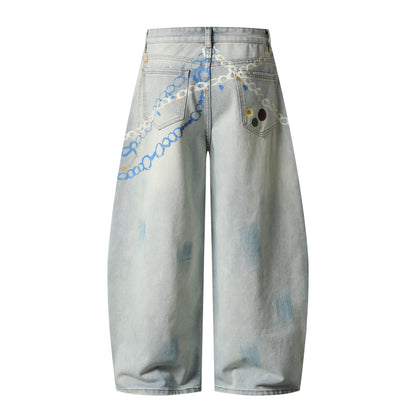 Graphic Chain Print Wide Leg Baggy Jeans Washed Denim High Waist Streetwear Y2K Casual Pants