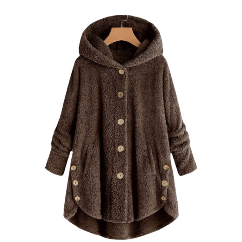 Qeaghou Thick Winter Coats for Women Causal Cute Sherpa Coats Fuzzy Fleece Warm Coats Button Down Long Sleeve Hooded Coat