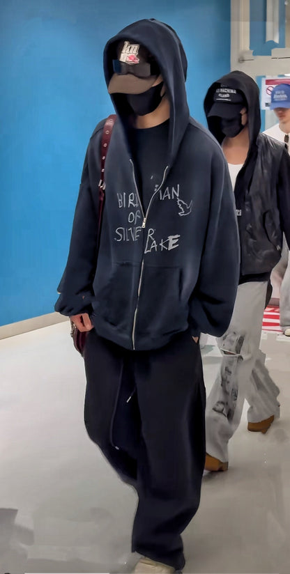Paly Hollywood Birdman of Silver Lake Zip Hoodie Washed Distressed Heavyweight Cotton Oversized Zip-Up Streetwear Sweatshirt | Silver Lake