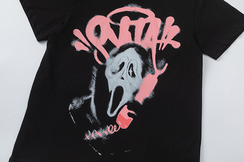 Black unisex graphic T-shirt with pink and white masked face print, crew neck, and short sleeves - view 8