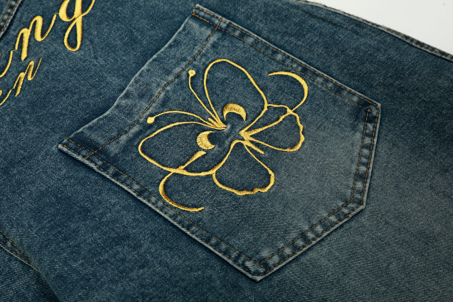 Women's RyntFeng Toysen Gold Script Floral Embroidery Balloon Wide Leg Denim Jeans High Waist Y2K Streetwear Baggy Jean Pants