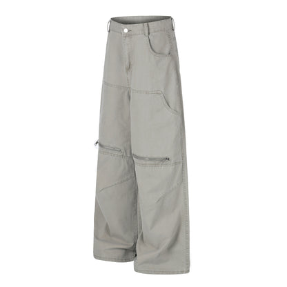 Zip Block Washed Wide Leg Cargo Pants High Waist Streetwear Y2K Vintage Knee Zip Patchwork Trousers | Zip Block