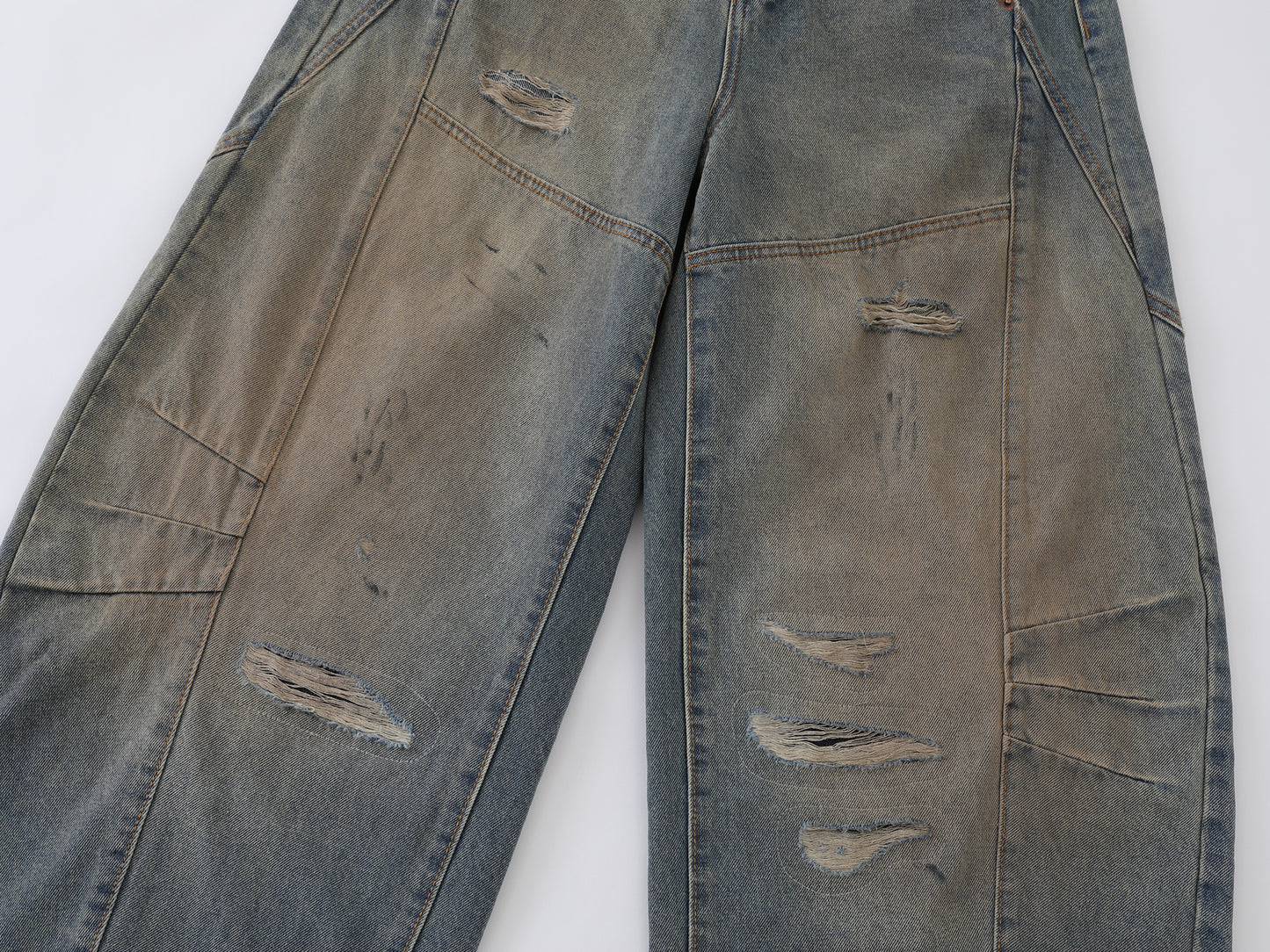Heavy Ripped Multi-Panel Barrel Wide Leg Jeans Earth Tone Mud Wash Distressed Arc Seam High Waist Baggy Denim Trousers | Rip Arc