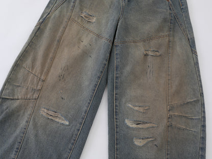 Heavy Ripped Multi-Panel Barrel Wide Leg Jeans Earth Tone Mud Wash Distressed Arc Seam High Waist Baggy Denim Trousers | Rip Arc