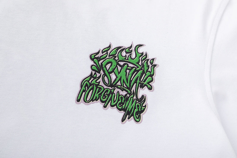White crew neck graphic T-shirt with small green chest graphic and large graffiti-style back print - view 8