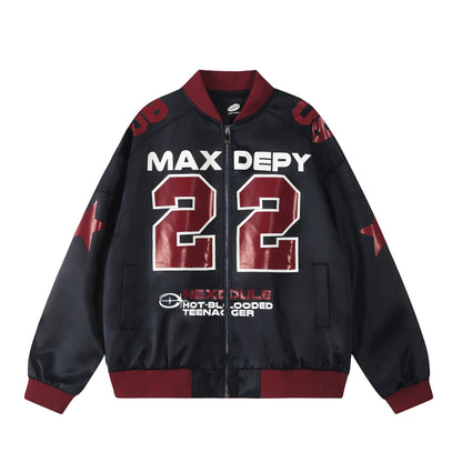 Maxdepy 22 Racing Bomber Jacket Oversized Star Patch Varsity Streetwear Y2K Moto Graphic Zip Up Jacket | Moto 22