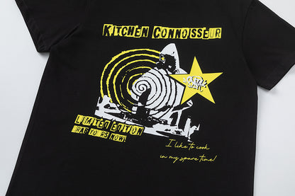 Men's Black Graphic T-Shirt, Crew Neck Short Sleeve Streetwear Tee