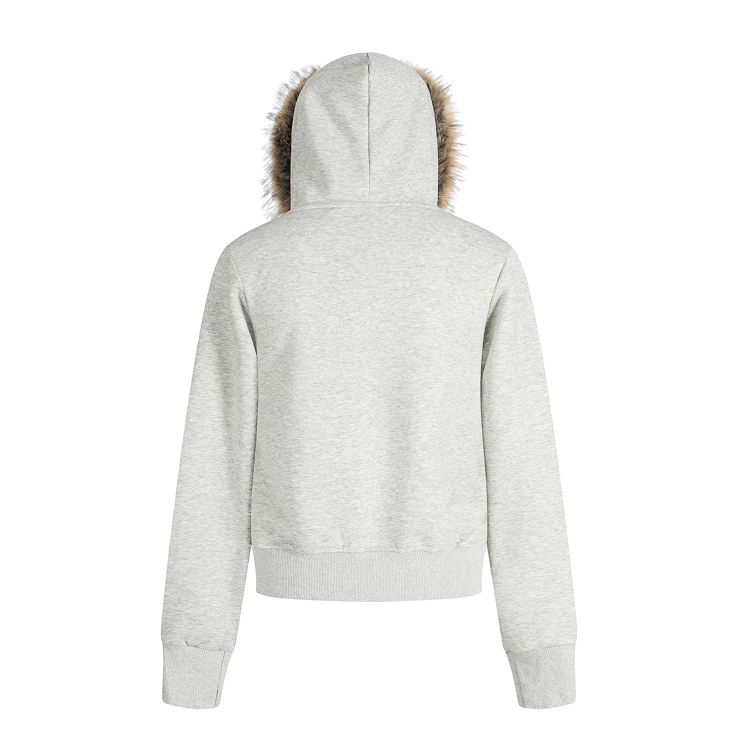 Women's RGIOS Plaid Lined Faux Fur Hood Zip Cropped Hoodie - Grey Front View