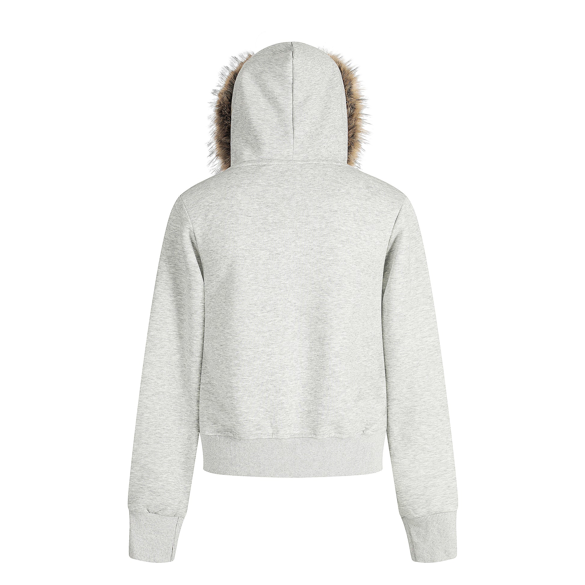 Women's RGIOS Plaid Lined Faux Fur Hood Zip Cropped Hoodie - Grey Front View
