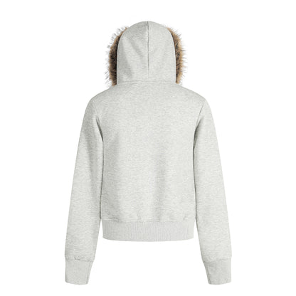 Women's RGIOS Plaid Lined Faux Fur Trim Hood Full Zip Cropped Hoodie Sweatshirt Long Sleeve Y2K Streetwear Jacket