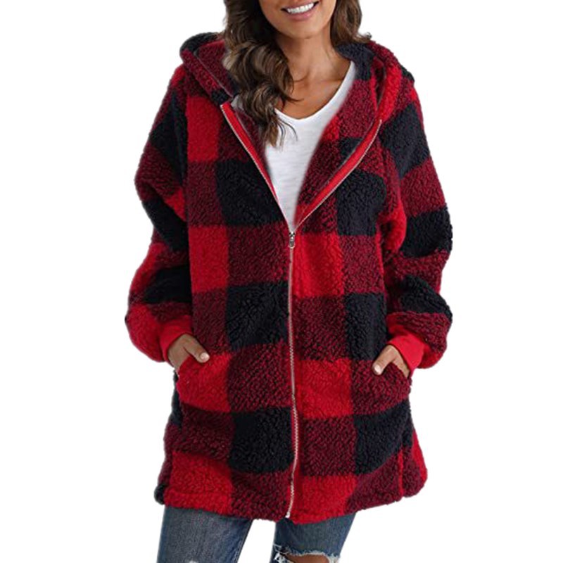 Europe and America plush women's outer 2024 new Amazon long sleeve plaid hooded zipper pocket loose outer