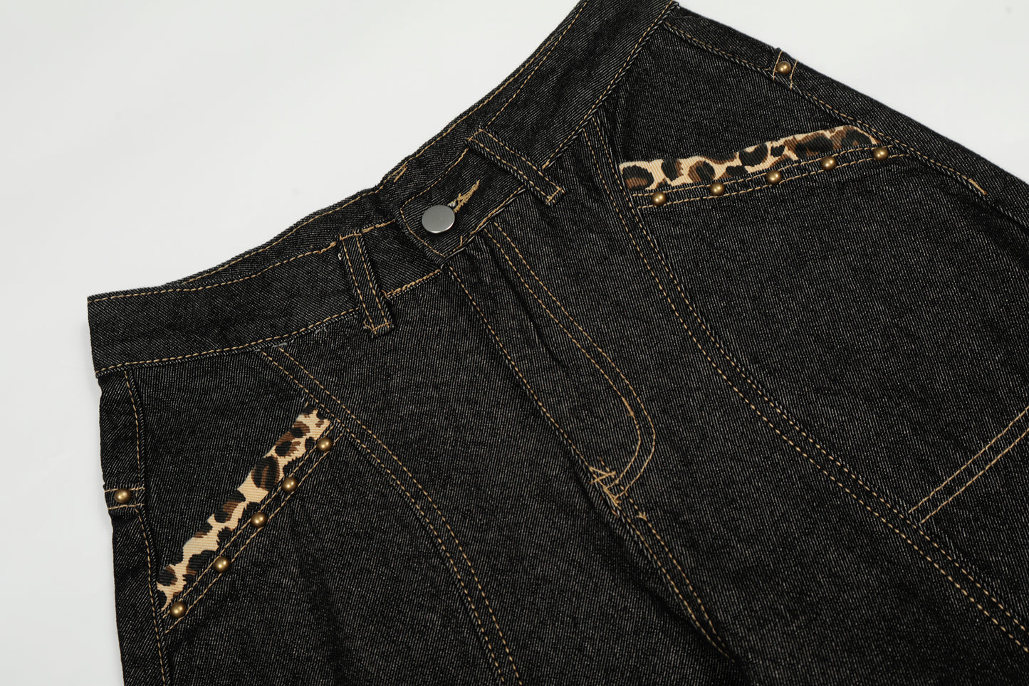 Gothic Cross Forever Embroidery Leopard Pocket Wide Leg Barrel Jeans High Waist Y2K Streetwear Denim