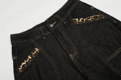 Gothic Cross Forever Embroidery Leopard Pocket Wide Leg Barrel Jeans High Waist Y2K Streetwear Denim