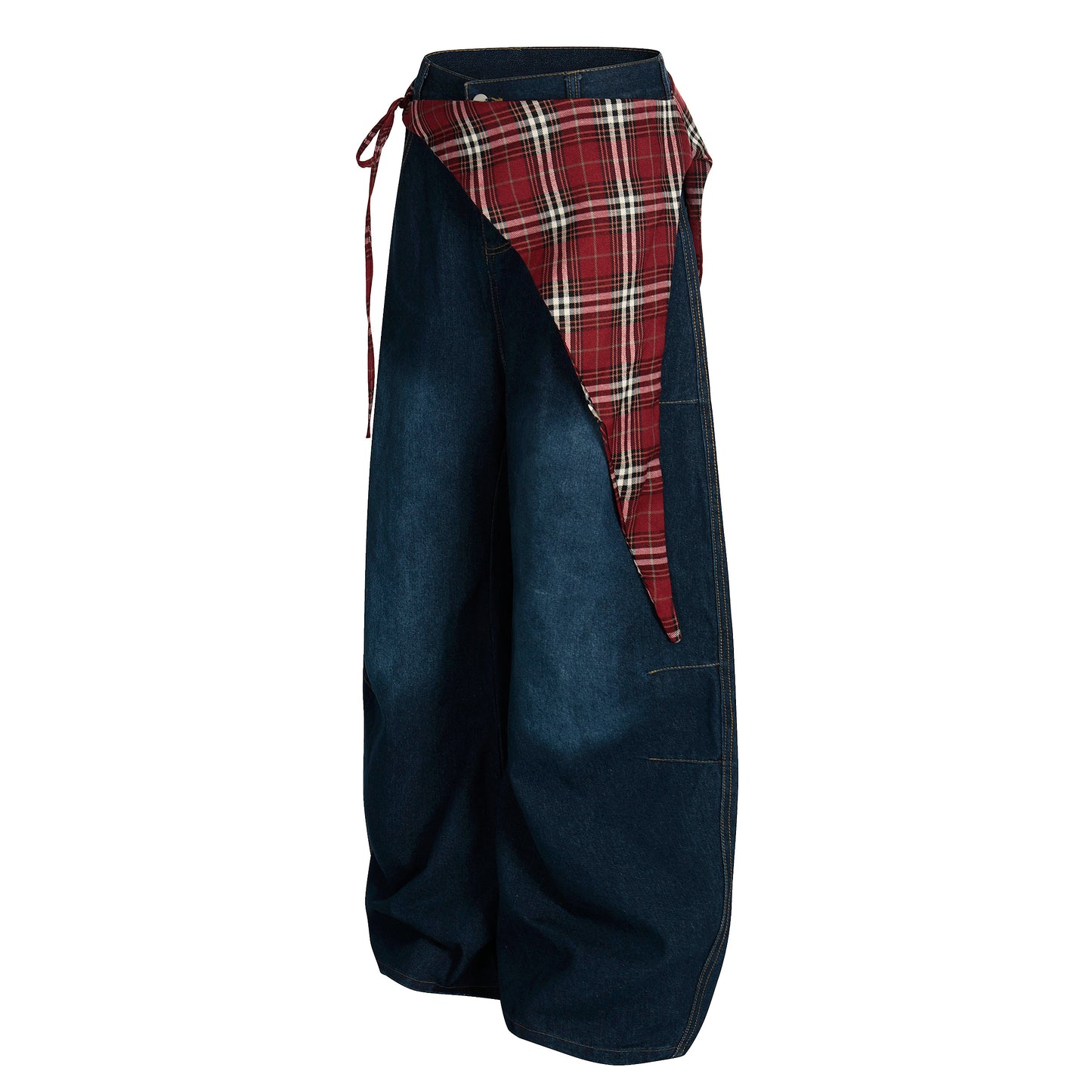 Women's Red Plaid Triangle Waist Z Flag Balloon Wide Leg Denim Jeans - Blue Side View