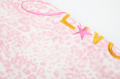 Women's Pink Leopard Print Letter Embroidery Drawstring Wide Leg Pants High Waist Elastic Waist Casual Streetwear Trousers