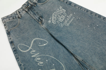 California Script Print Rhinestone Wide Leg Barrel Jeans Vintage Washed High Waist Y2K Streetwear