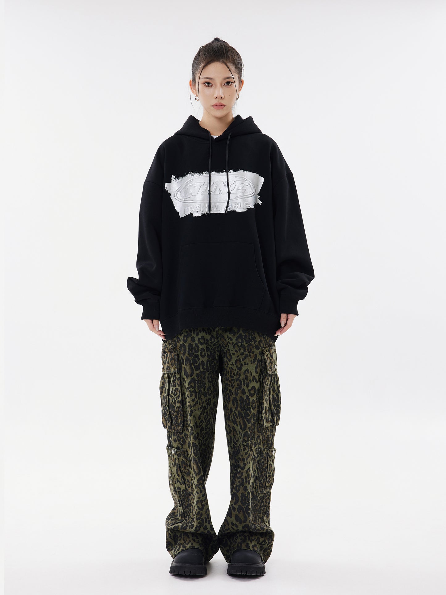 NINE Unshakable Iridescent Logo Oversized Hoodie Drawstring Kangaroo Pocket Streetwear Sweatshirt