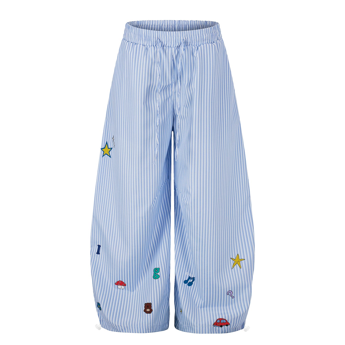 Women's Cartoon Embroidery Pinstripe Elastic Waist Balloon Wide Leg Pants High Waist Casual Summer Trousers
