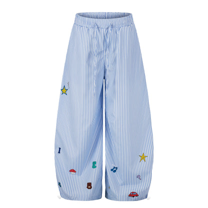 Women's Cartoon Embroidery Pinstripe Elastic Waist Balloon Wide Leg Pants High Waist Casual Summer Trousers