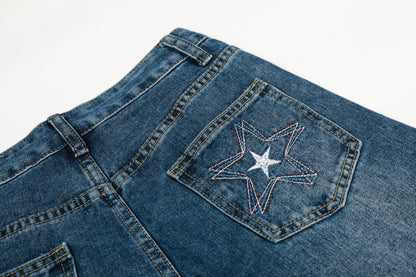 Star Embroidery Wide Leg Barrel Jeans High Waist Washed Y2K Streetwear Denim Pants
