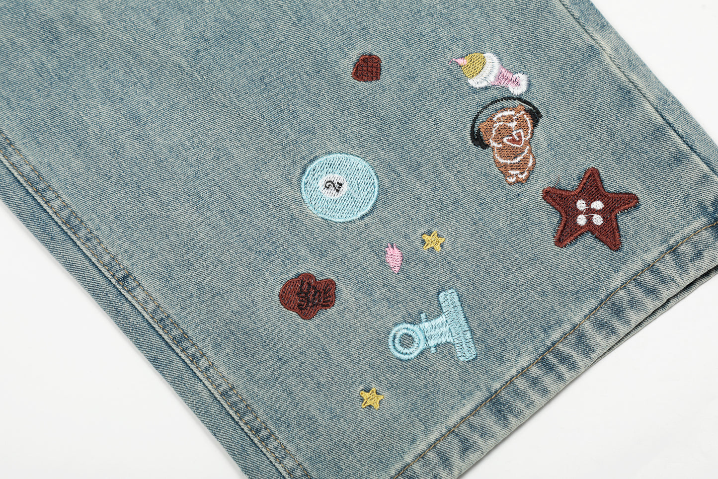 Cartoon Embroidery Scatter Patch Wide Leg Jeans Elastic Waist Washed Denim Bear Star Bow Y2K Harajuku