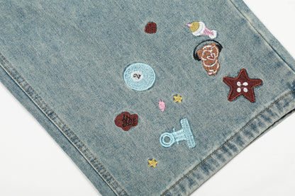 Cartoon Embroidery Scatter Patch Wide Leg Jeans Elastic Waist Washed Denim Bear Star Bow Y2K Harajuku