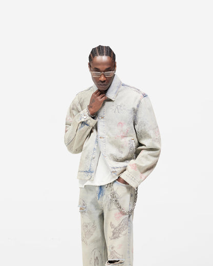 Represent Sketch Allover Print Denim Jacket Heavy Washed Distressed Oversized Short Trucker Streetwear | Rept Sketch