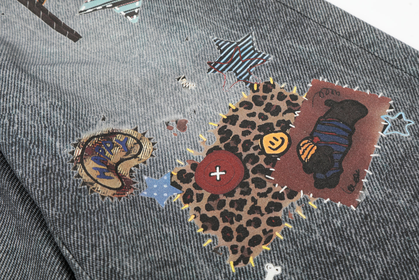Women's Multi Patch Embroidery Charm Pendant High Waist Washed Denim Shorts Y2K Streetwear Bermuda Jean Shorts