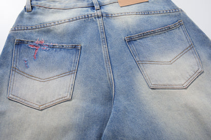 Light Blue Distressed Wide-Leg Cropped Denim Shorts