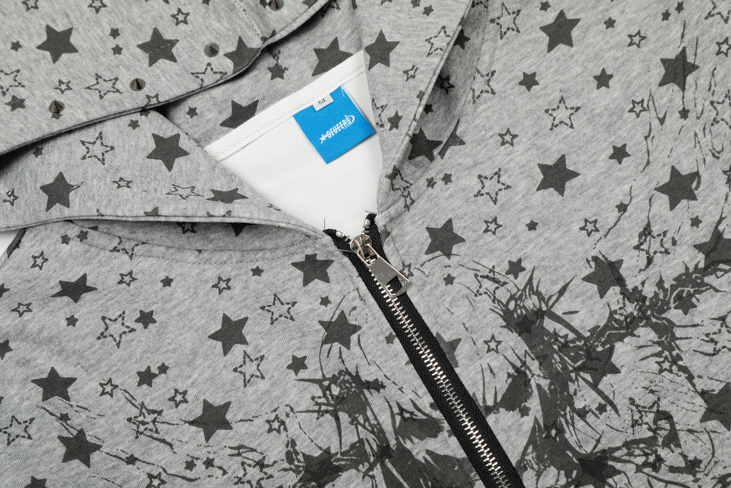 All Over Star Print Gothic Tree Graphic Zip Up Hoodie Oversized Rivet Cuff Y2K Streetwear Sweatshirt