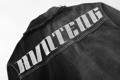 Oversized Two-Tone Denim Jacket Chain Detail Washed Vintage Streetwear Casual Fall Outerwear