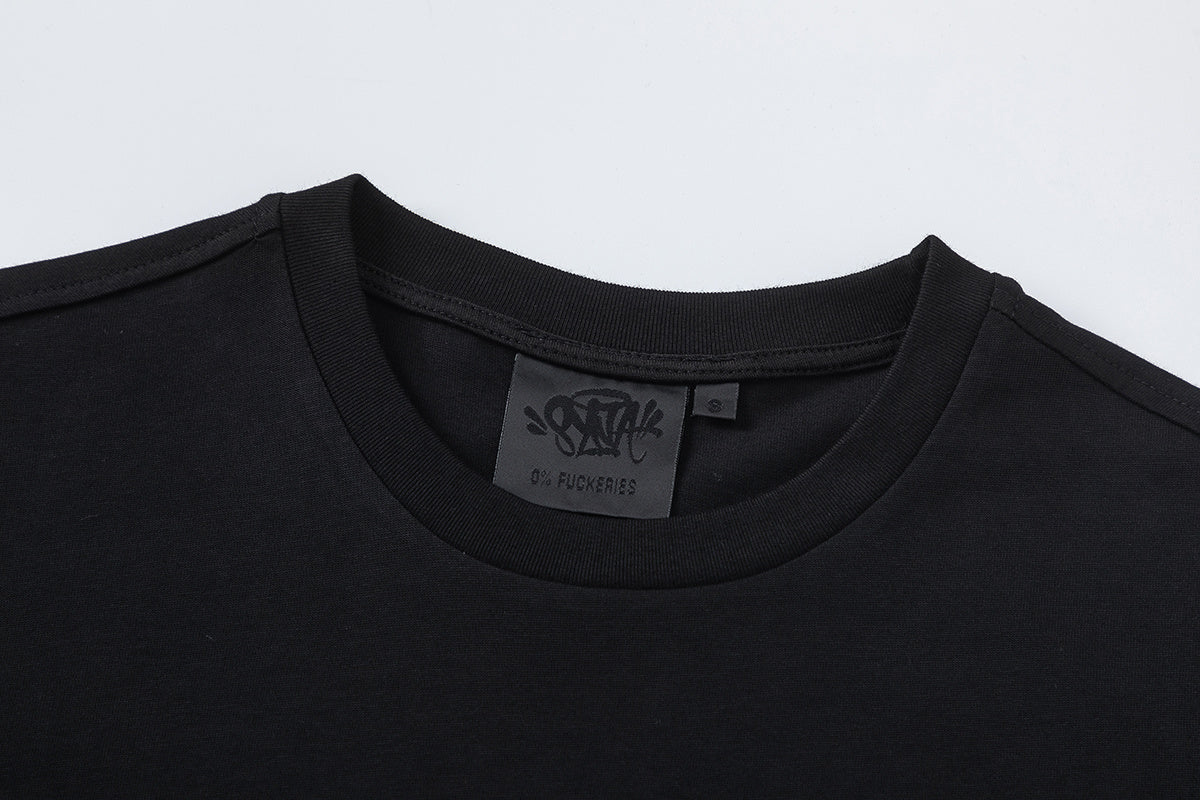 Unisex black short sleeve crew neck T-shirt with contrasting silver graffiti-style front graphic - view 8