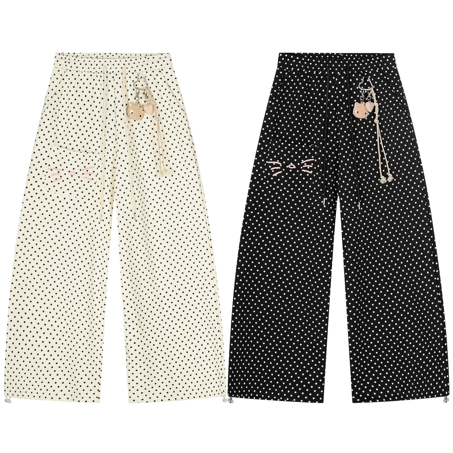 Polka Dot Cat Whisker Wide Leg Pants - Apricot and Black Side by Side with Charm