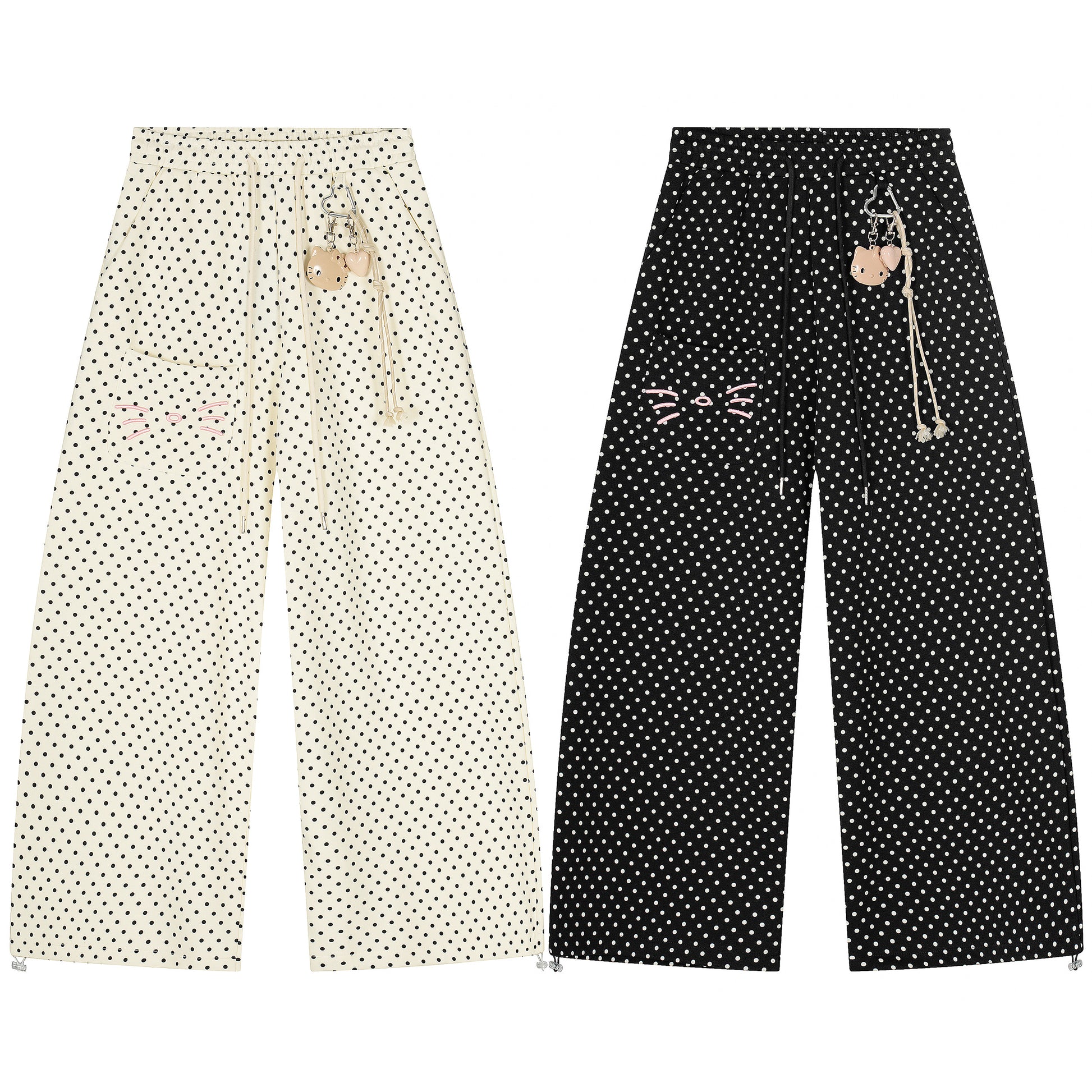 Polka Dot Cat Whisker Wide Leg Pants - Apricot and Black Side by Side with Charm