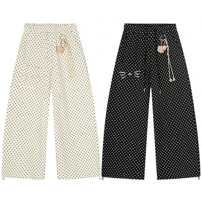 Polka Dot Cat Whisker Embroidery Metal Charm Wide Leg Pants Drawstring Ankle Toggle Y2K Harajuku