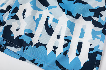 Blue Camo Drawstring Shorts, Elastic Waist Graphic Streetwear Casual Wear