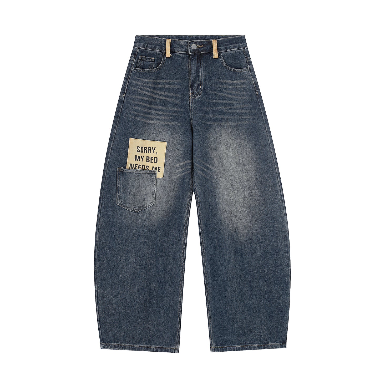 Sorry My Bed Needs Me Patch Wide Leg Barrel Jeans - Back Full