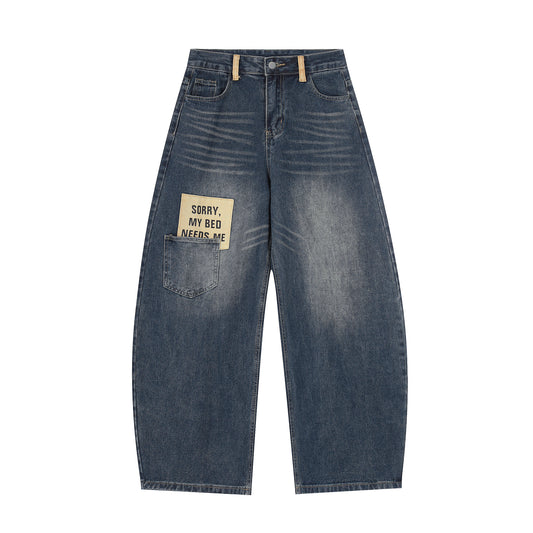 Sorry My Bed Needs Me Patch Wide Leg Barrel Jeans - Back Full