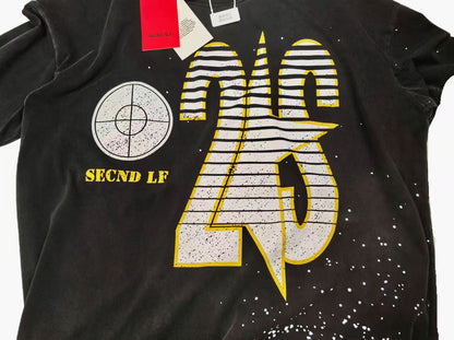 SECND SLF 25 Target Stripe Distressed Short Sleeve Tee Washed Black Boxy Heavy Ink Splash Post-Apocalyptic Streetwear | Target 25 Tee