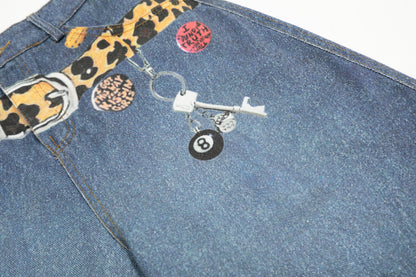 Women's RVNTENG Leopard Belt Multi-Badge Key Charm Wide Leg Denim Shorts High Waist Y2K Streetwear Jean Shorts