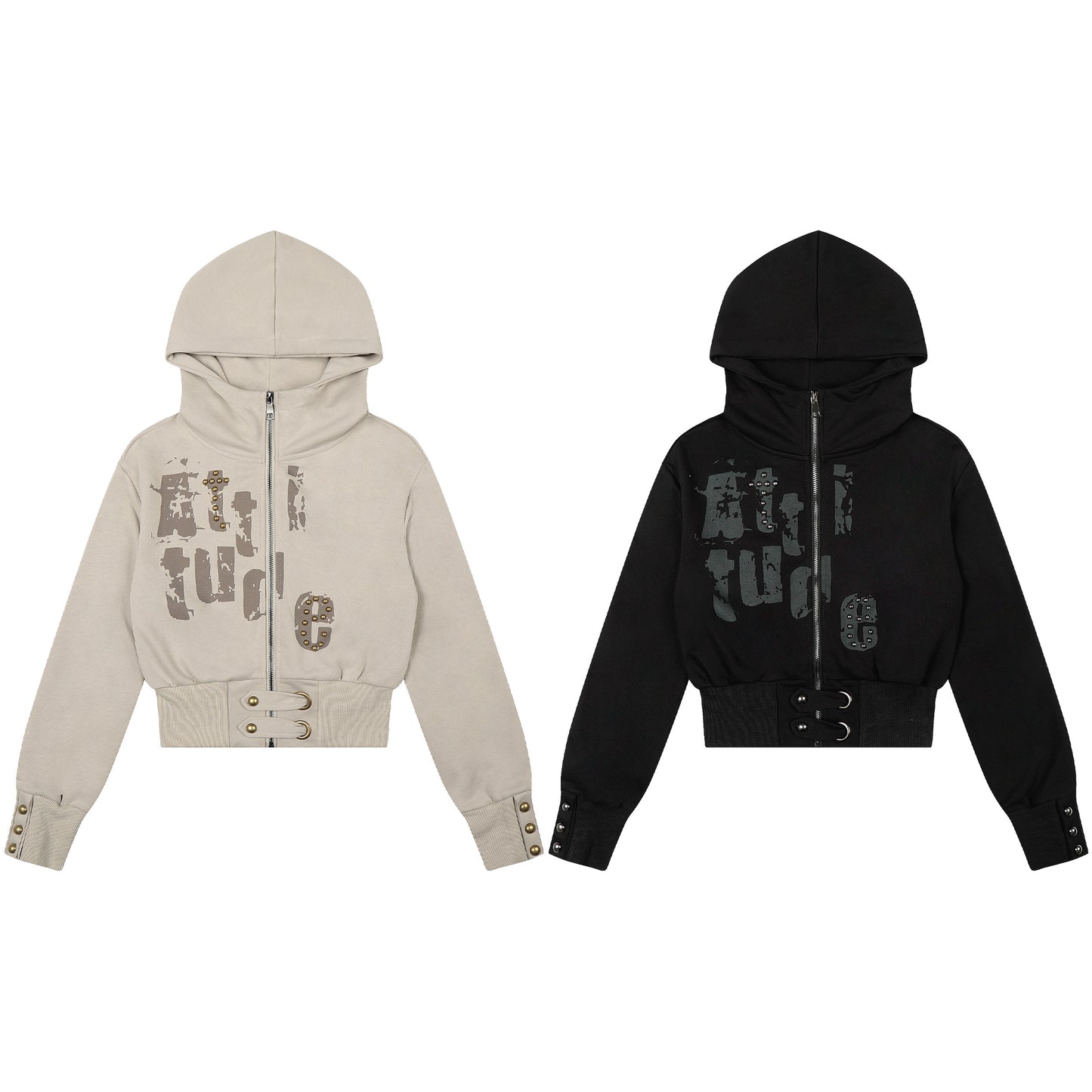 Attitude Rivet Crop Zip Hoodie - Black Back